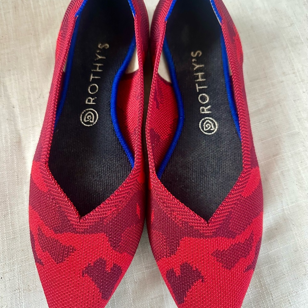 Rothy's Red Knit Flats with Camo Design